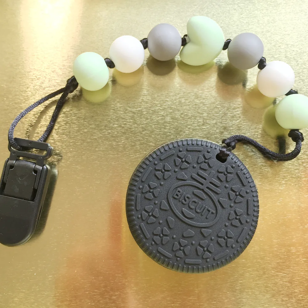 

Silicone Teething Pacifier Clips with biscuit Silicone teether Pacifier Chain Clip Toys for Baby Chew Cookies teether