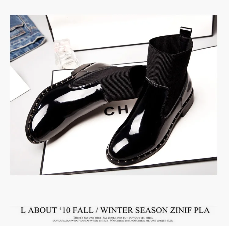 Новые модели Осень-зима, женские кожаные ботинки с грубой подошвой, Эластичные заклепки для ткани, распродажа, модная повседневная обувь на плоской подошве