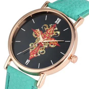 

Charming Red Gold Cross Pattern Dial Watch for Women Unique Quartz Watch Movement Soft Sky Blue Leather Band Wristwatch