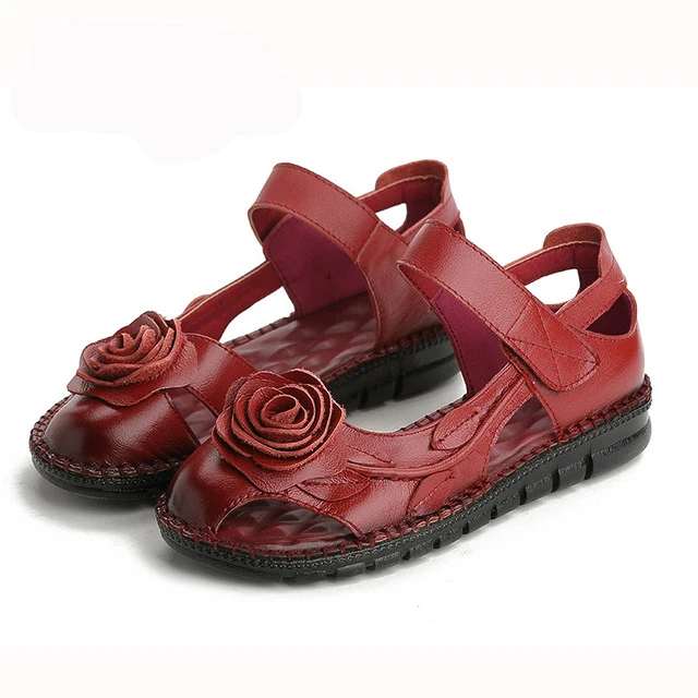 BEYARNE Xiuteng/Брендовые женские сандалии ручной работы из натуральной кожи с цветочным рисунком; женская обувь на плоской подошве; шлепанцы на плоской подошве; женская летняя обувь - Цвет: Красный
