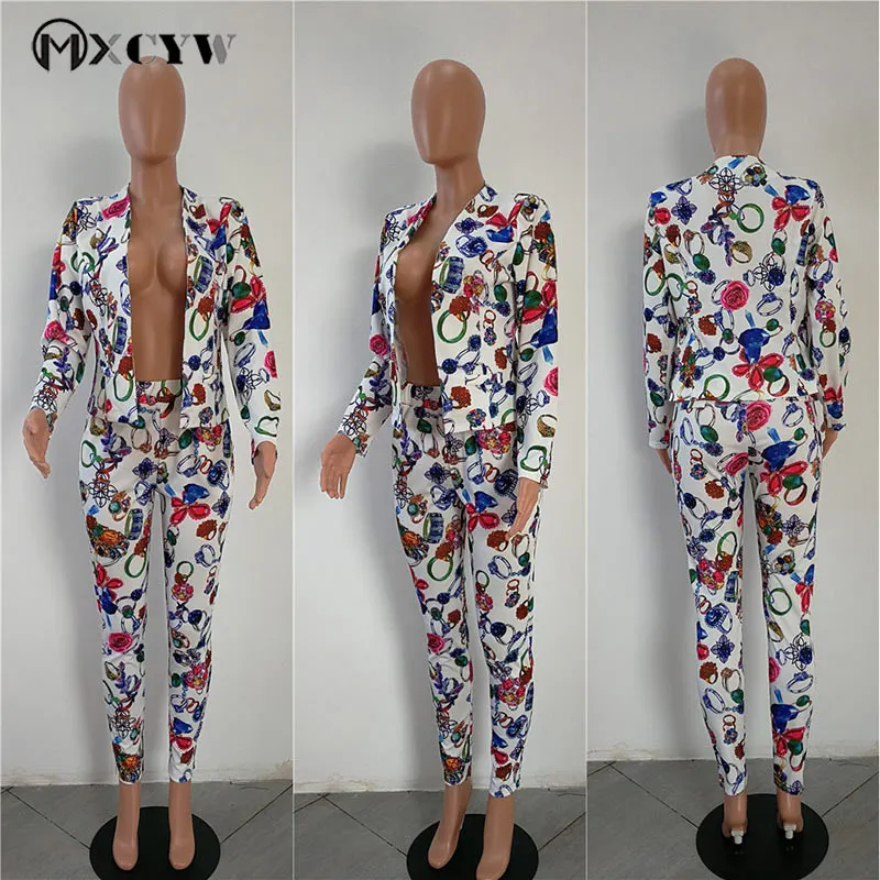 Work Two Piece Set Women 2018 New Autumn Winter Sexy Flowers Print Blazer+ Pants Suit Set Jacket Outfits Office Suits