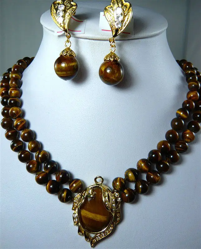 

2 colors!2 row 8mm natural tiger eye stone necklace +18KGP pendant clip earrings