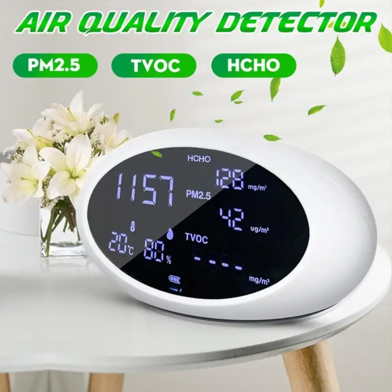 

5 in 1 Digital Air Quality Detector HCHO/TVOC/AQI/PM2.5 Air Quality Monitor Temperature Humidity Meter