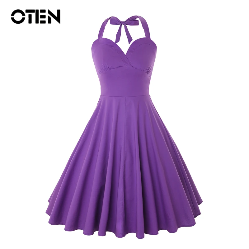

OTEN Women Sexy Summer Audrey Hepburn Style Halter Rockabilly Vintage Retro 50s 60s Pin up Skater Swing Casual Midi Purple dress