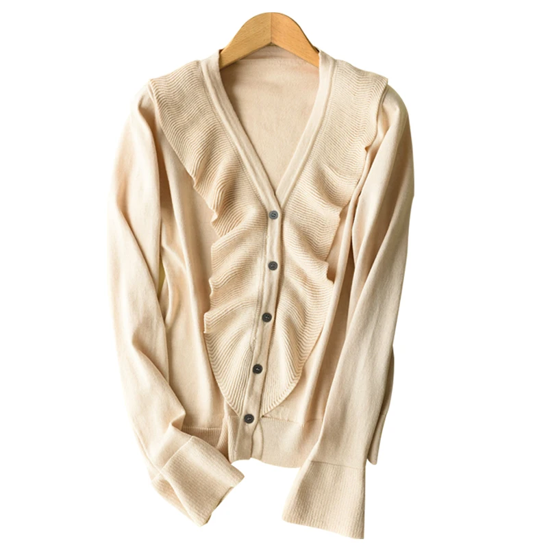 ZEANGSEA-2018 spring and autumn new sweater sweater jacket V-neck ruffled trumpet sleeve fashion wild thin section breathable 