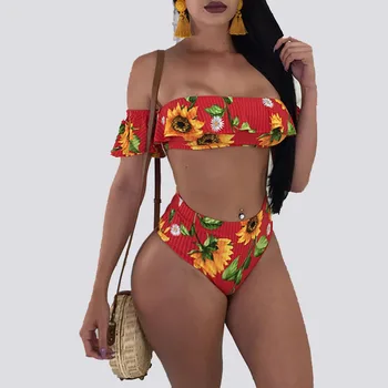 

New Flounced Swimwear Women Two Piece Swimsuit Ruffle Off Shoulder Bathing Suit High Waist Bikini Swim Wear Swimming Suit Plavky