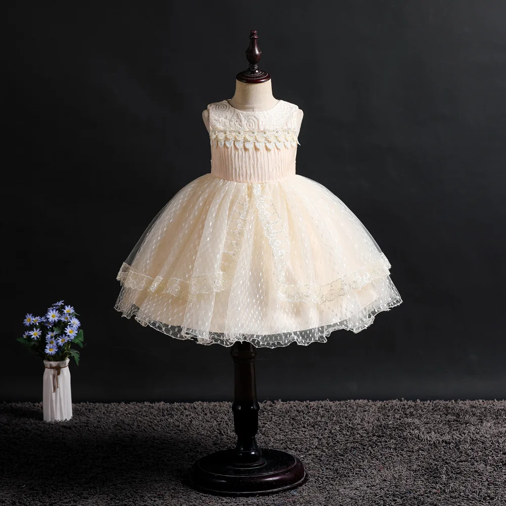 

Girls Party Dress Kids Sleeveless Flower Applique Layered Tulle Dress Formal Girls Wedding Dress