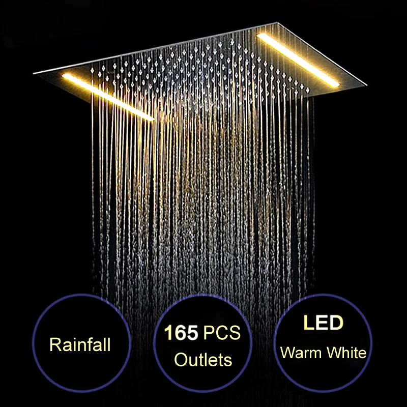 

New Design Bath Electric LED Ceiling Recessed Rainfall Shower Head 304SUS Bathroom Accessories Douche Overhead Shower Panel