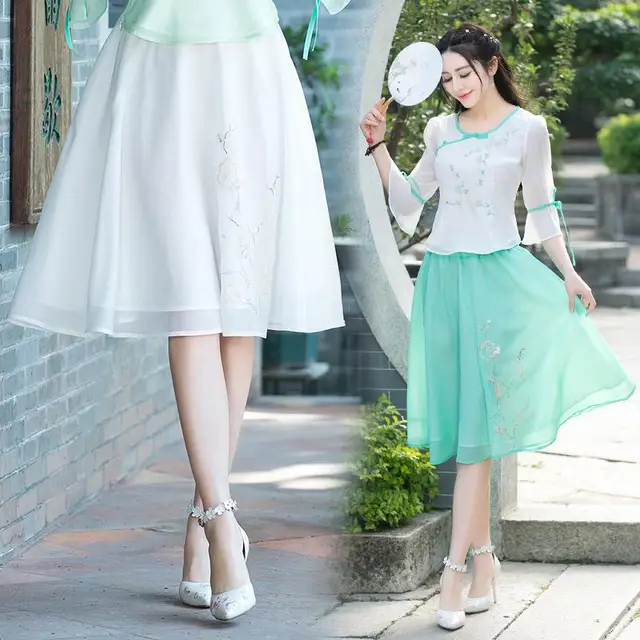 Most Popular Women Chinese Style Vintage Embroider Summer Skirt 2017
