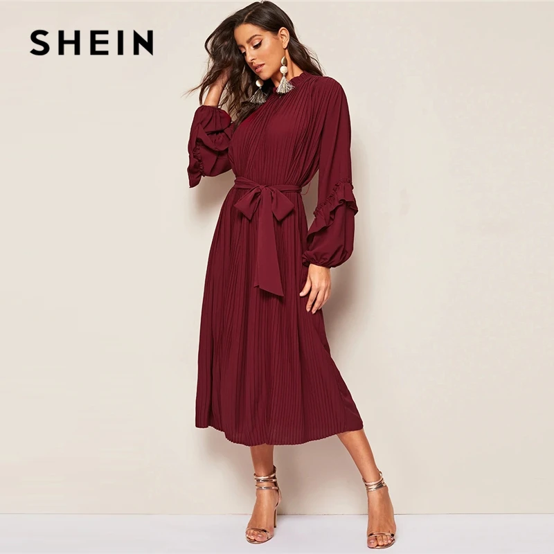 SHEIN Плиссированное Платье Со Стоячим Воротником, Поясом И