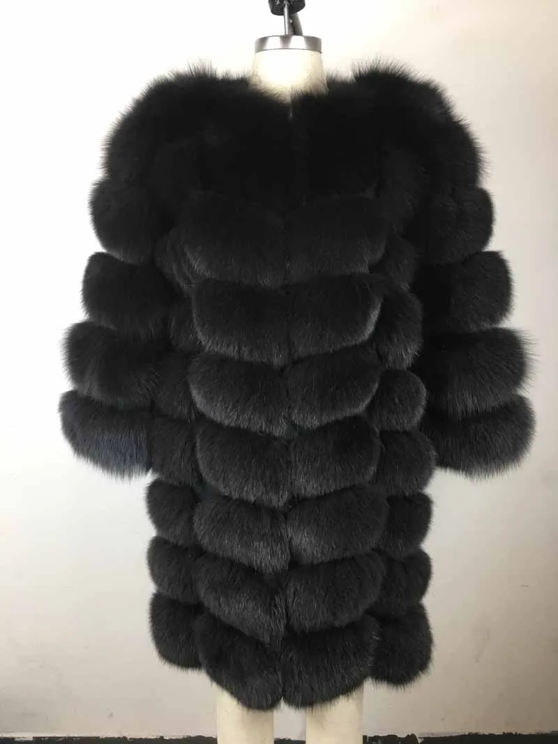90 см модные новые натуральный мех лисы пальто для женщин рукав съемный толстый теплый лисий мех куртки зима Лидер продаж высокое качество - Цвет: Black