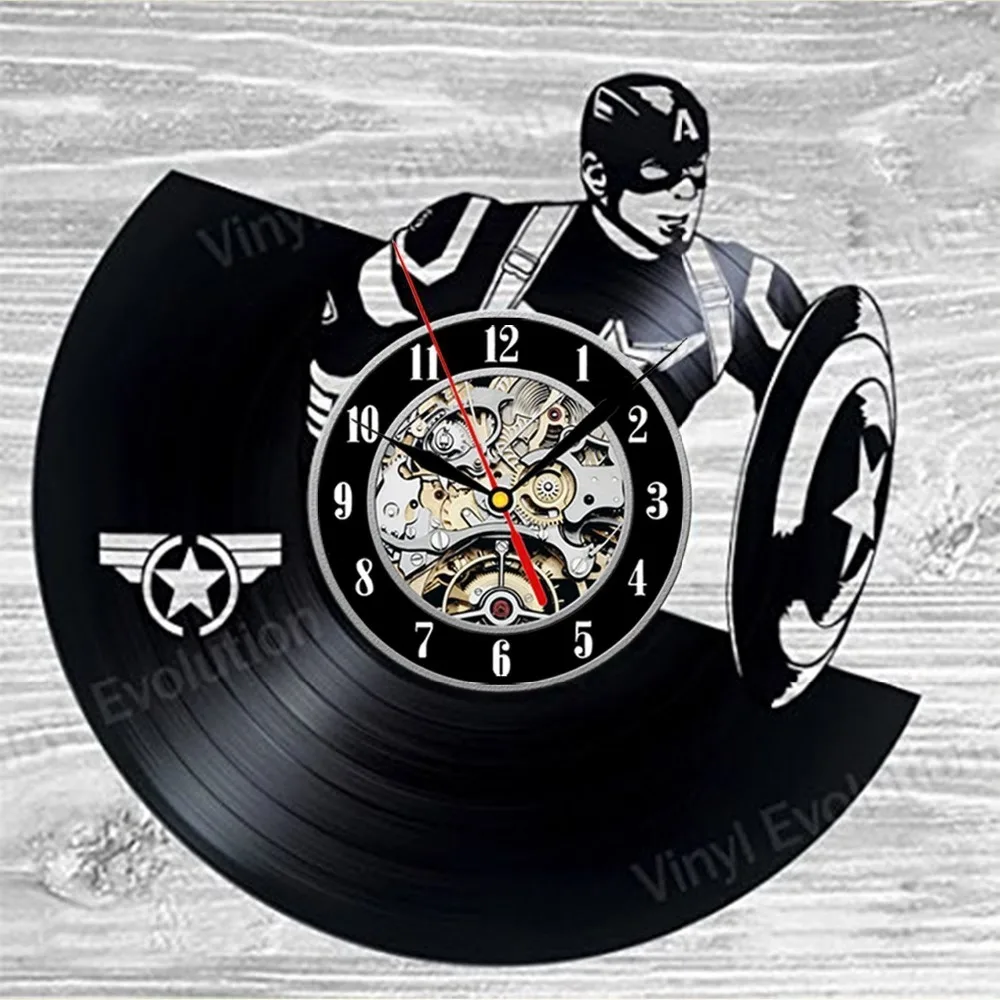 Captain America Vinyl Wall Clock Art Gift Room Modern Home Record Vintage Decorationin Wall