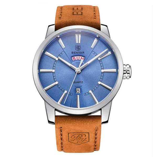 

BENYAR Leather Strap Double Calendar Fashion Quartz Watch Luxury Brand Men's Watch 30M Waterproof Casual Watch Male watch blue