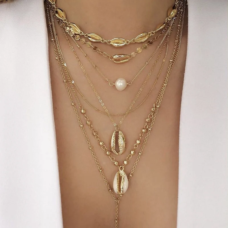 

Vintage Shell Imitation Pearl Sequin Multilayer Combination Necklace Female Coin Sequin Pendant Necklace