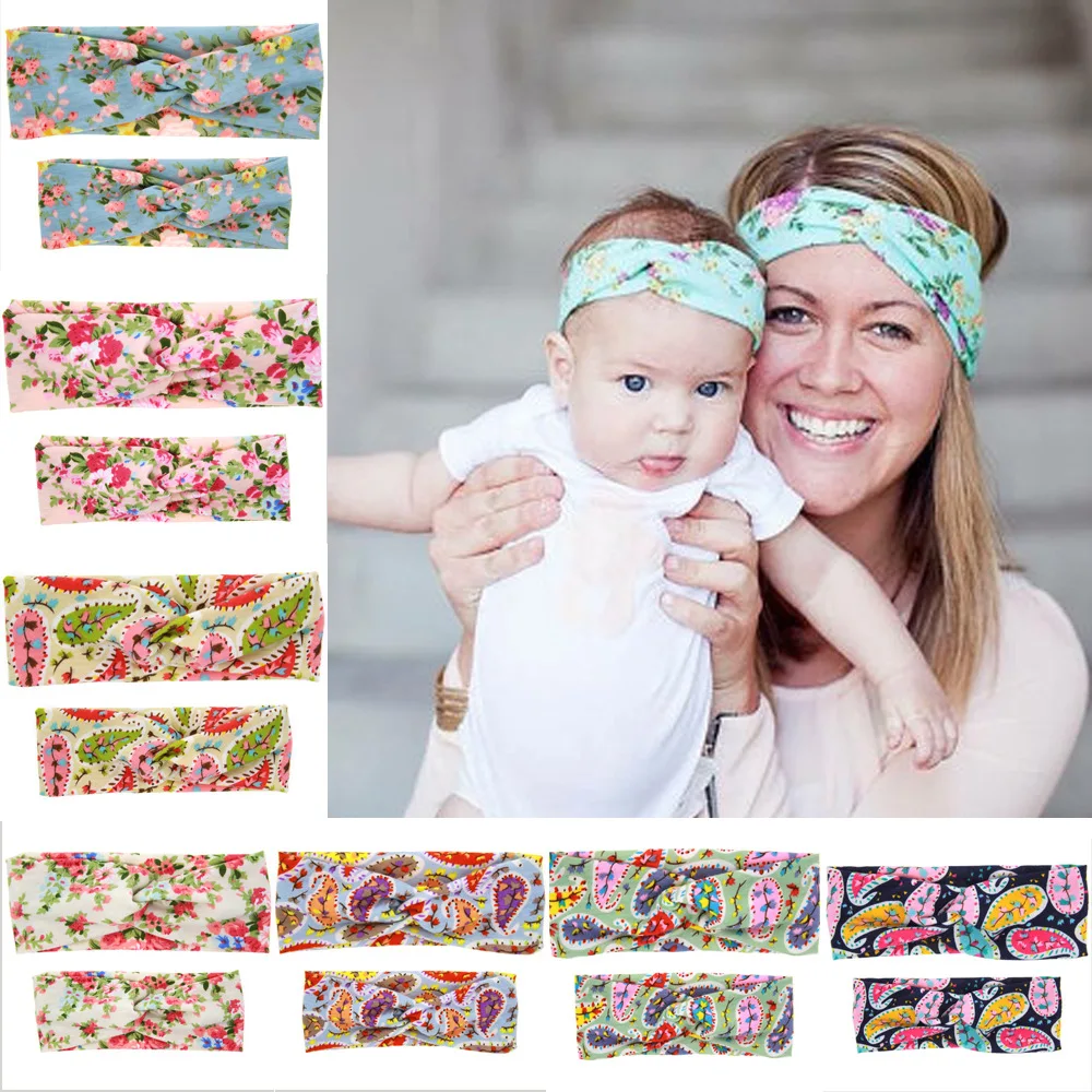 

2017 New Products Mommy and Me Cotton Turban Head Wrap Set Girl Hair Accessories Cross Printing Knotted Headband Photo Prop