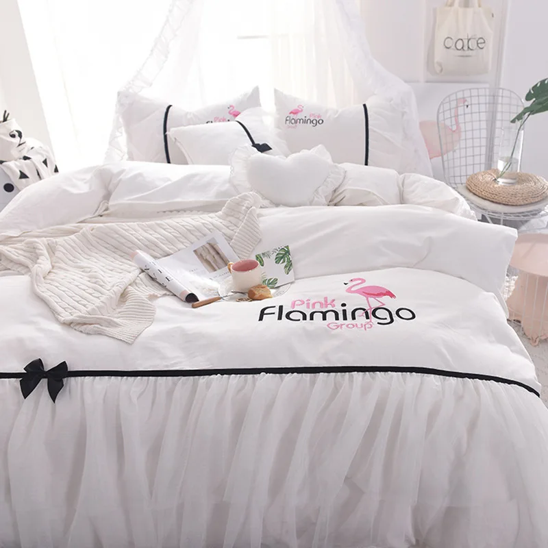 

Romantic Bedding Sets 3 4 pcs Princess Duvet Cover pillowcases Flat Fitted bedsheet Optional Flamingo