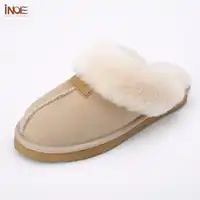 INOE classic women real sheepskin leather wool fur lined winter slippers home shoes baboon in house high quality 35-44