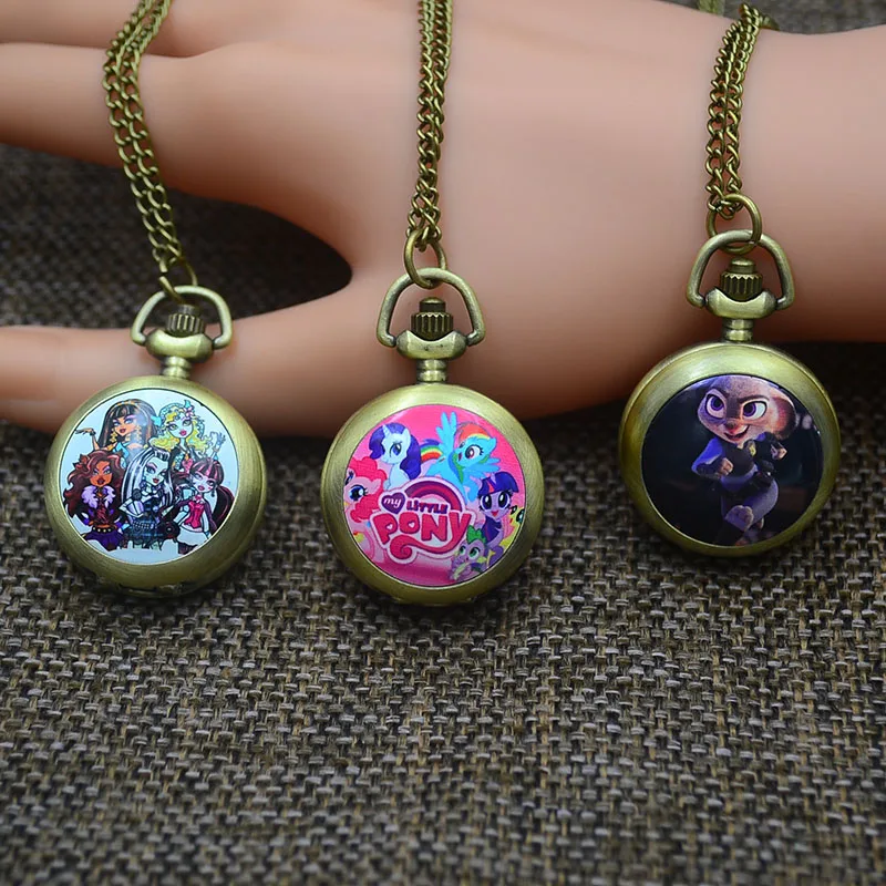 

Bronze Fashion Pocket Watch Necklace Pendant Women Quartz Fob Watches Colorful Cute Cartoon Character Horse Rabbit Sister Cat