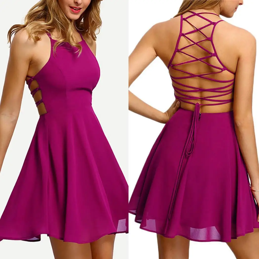 Cross-straps Dress A-Line Hem Party Summer Multi-strip Women Vestidos Pleated Back 2018 Sexy Dresses Chiffon Mini | Женская одежда