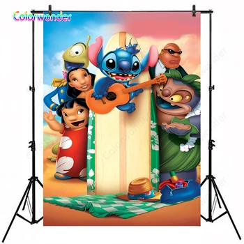 

Kids Party Photography Hawaiian Style Blue Alien Stitch with Little Girl Lily and Others 5x7ft Dusk Scenery Background Backdrops