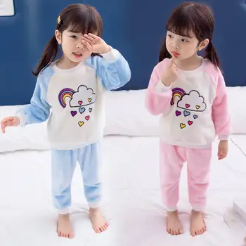 

children's pajamas flannel autumn and winter plus velvet thickening boys and girls care belly home service 2-5 baby suit