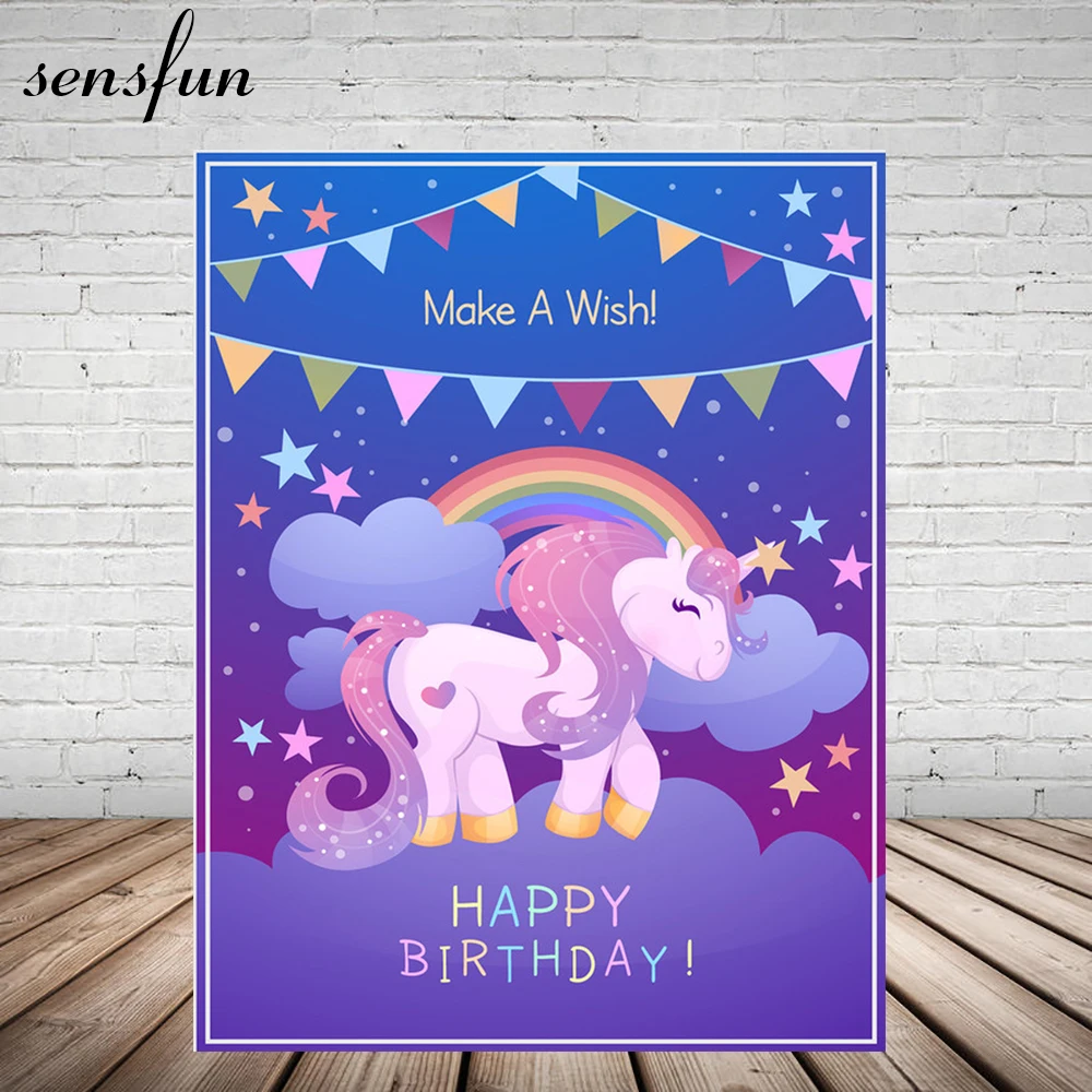 

Unicorn Party Photography Backdrop Blue Purple Theme Rainbow Clouds Bunting Little Stars Backgrounds For Photo Studio 5x7FT
