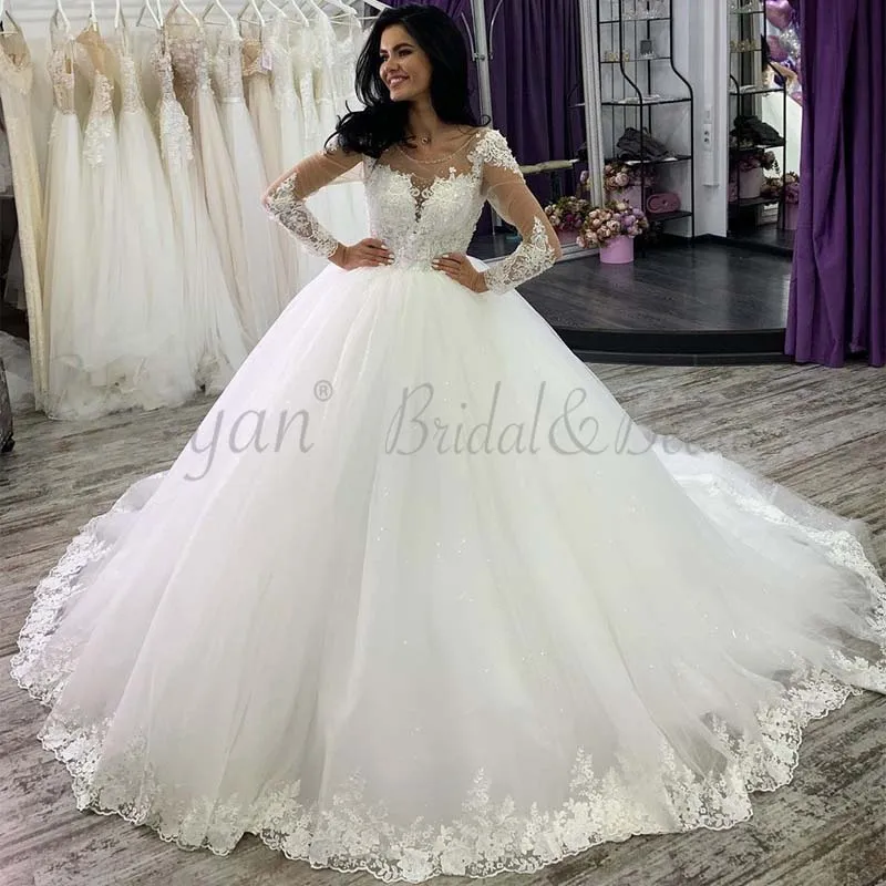 

Illusion V-Neck Luxury Ballgown Wedding Dresses 2019 Cap Long Sleeves Romantic Beaded Lace Bridal Gowns AX118