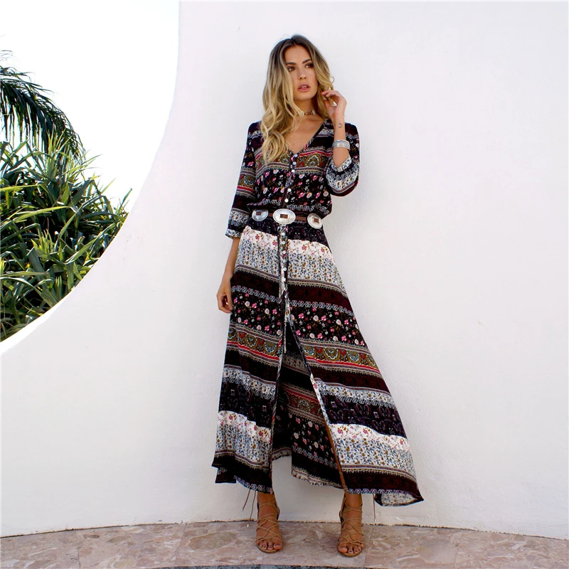 

Vintage Floral Long Dress Women Bohemia Boho Ethnic Maxi Dress Sexy V-neck Summer Beach Sundress Female Split Vestidos Mujer