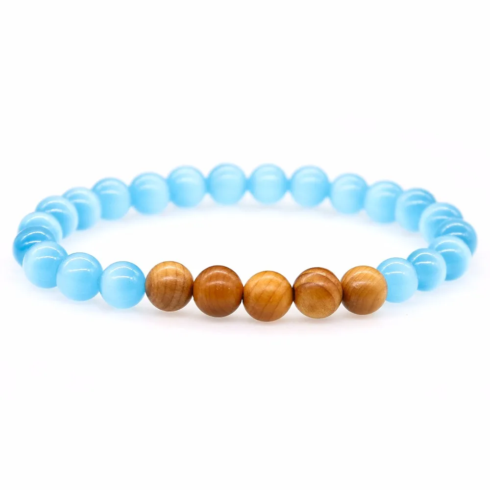 

8MM Natural Wooden Beads with Blue Opal Stone Bracelet For Women,Yoga Balancing Chakra Reiki Spiritual Men Jewelry