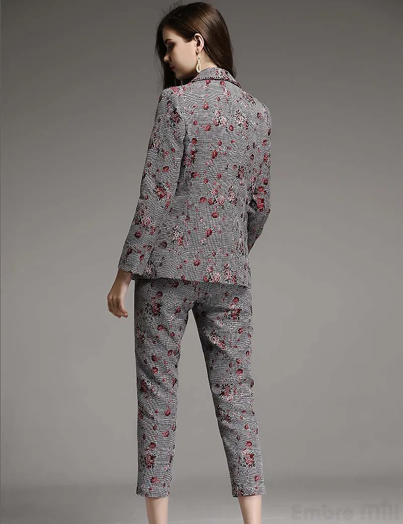 Высококлассный осенне-зимний женский костюм из вискозы винтажное цветочное тонкое пальто, украшенное бисером+ укороченные брюки 2 шт. Женский комплект M-XXL