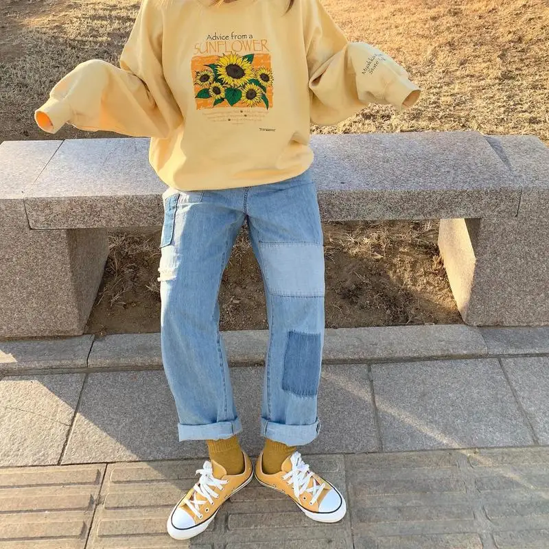  Japanese Style Sweatshirt Women Long Sleeve O-neck Sunflower Print Loose Pullovers Top Casual Hoodi