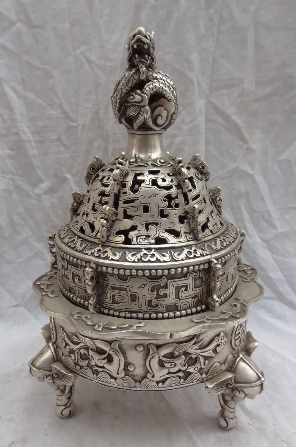 

13" Chinese Silver Dragon Phoenix Elephant Head Statue Incense Burner Censer