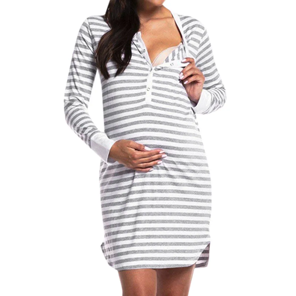 Simple Casual Women Button Nursing Dress Fashion Long Sleeve Stripes
