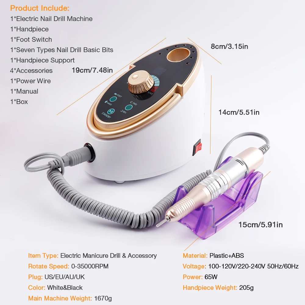 Elétrica do Pedicure do Unha da Broca Cerâmico dos Bocados de Broca do Prego w para o Polonês do Gel da Arte do Unha com Conjunto Máquina 35000 Rpm 65 15 Brocas elétricas p manicure e acessórios