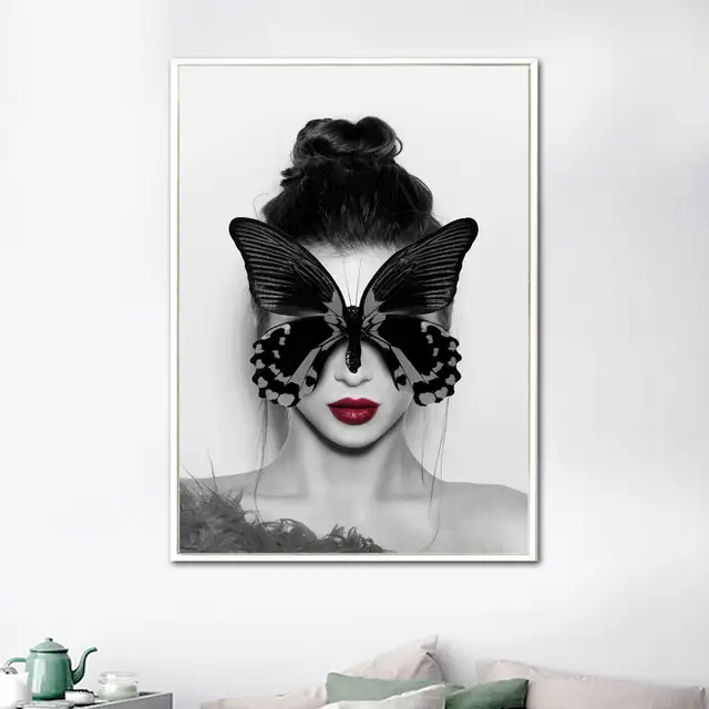 Red Lips Girl Butterfly Wall Art Canvas Painting Nordic Posters