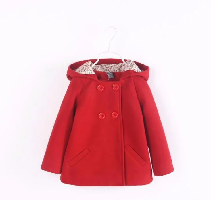 Детская куртка для девочек, Тренч красная шерстяная двубортная верхняя одежда с капюшоном для детей 2, 3, 4, 5, 67 лет, детская одежда из шерсти и смешанных материалов