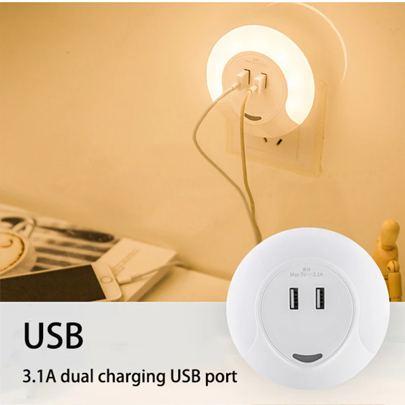 

EU US Mini led night light light sensor Switch on/off with 2USB Charging port for moible phone Novelty lamp Bedroom AC 110-240V