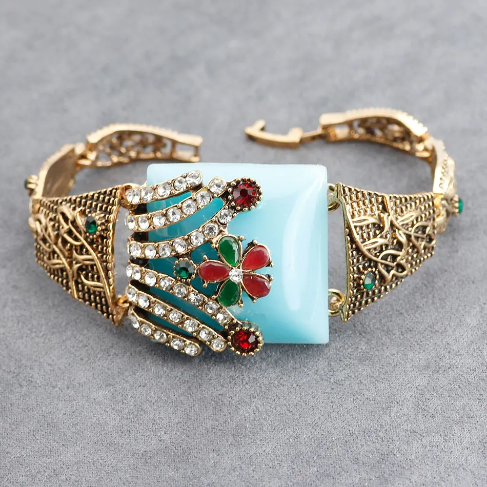 Турецкие винтажные браслеты-манжеты с цветами для женщин, браслет с кристаллами из смолы, богемский пасторальный стиль, натуральный камень, ювелирные изделия