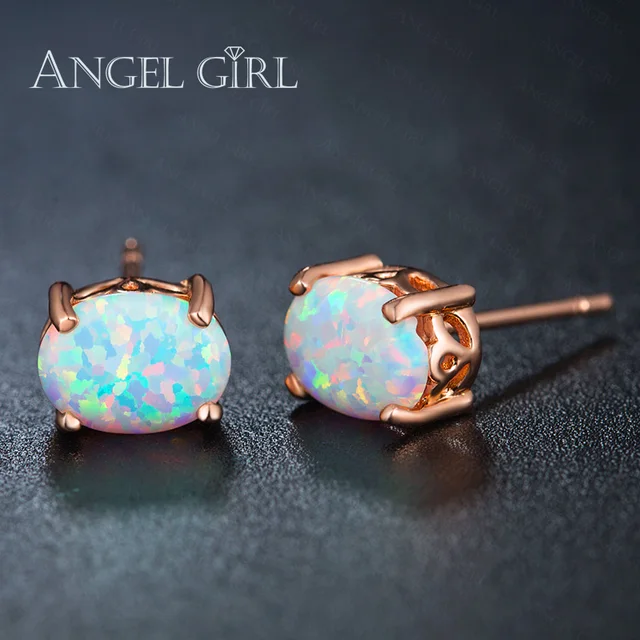 Angel Hot Por Earrings Jewelry Rose Gold Color Stud Angel Hot Por Earrings Jewelry Rose Gold Color Stud With White Oval Opal Earring