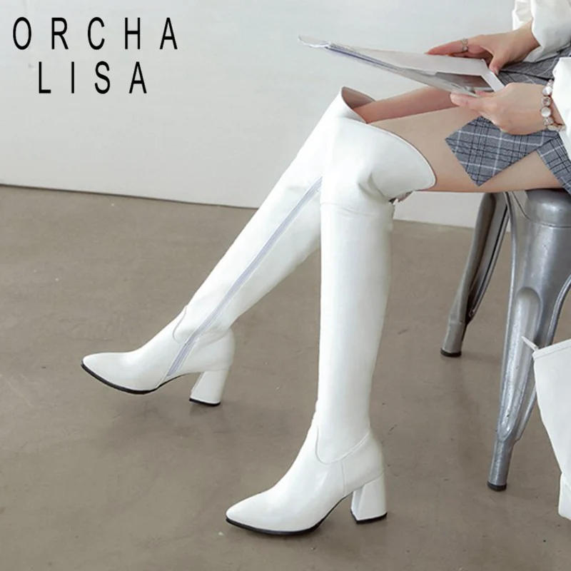 

ORCHA LISA America Style Autumn Winter Over The Knee big Size Long Boots Zipper thick High Heels leather Boots woman shoes 44 47