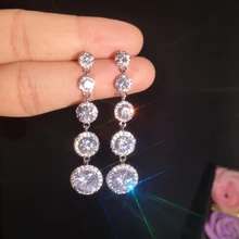 Brincos redondos 925, brincos redondos de cristal da moda, prata esterlina, joias de casamento, zircônia aaa, brincos longos femininos