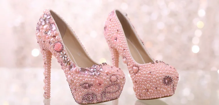 19_Pearl Diamond White Bridal Wedding Shoes Red Platform Super High Heels Woman Elegant Free Shipping Size 40