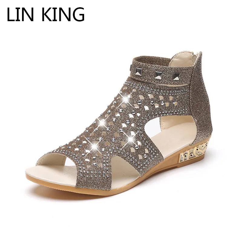 

LIN KING New Retro Women Gladiator Sandals Fashion Crystal Rivets Open Toe Summer Shoes Anti Slip Zipper Ladies Wedges Sandalias