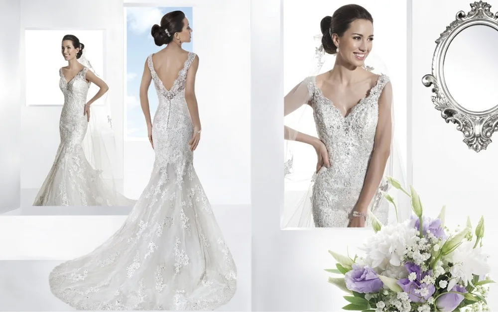 2015 New Style Custom Made Elegant Sheath V-neck lace with beading Formal long wedding dress bridal gown WD0715 | Свадьбы и