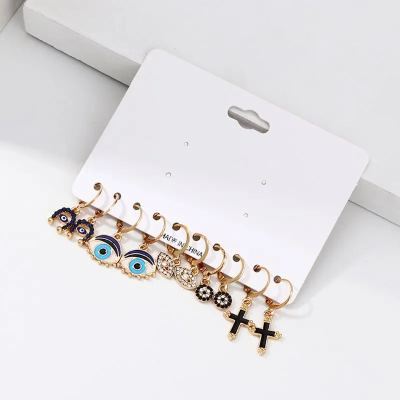 

Crystal Eye Cross Lucky Pendant Women Hoop Earring Set Evil Protection Fashion Jewelry