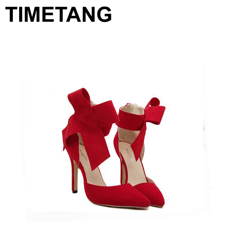 

2016 Lady Evening Spring Royal Footwear Red Black Big Bow Tie Pumps Pointed Plus Size Summer High Heel Shoes