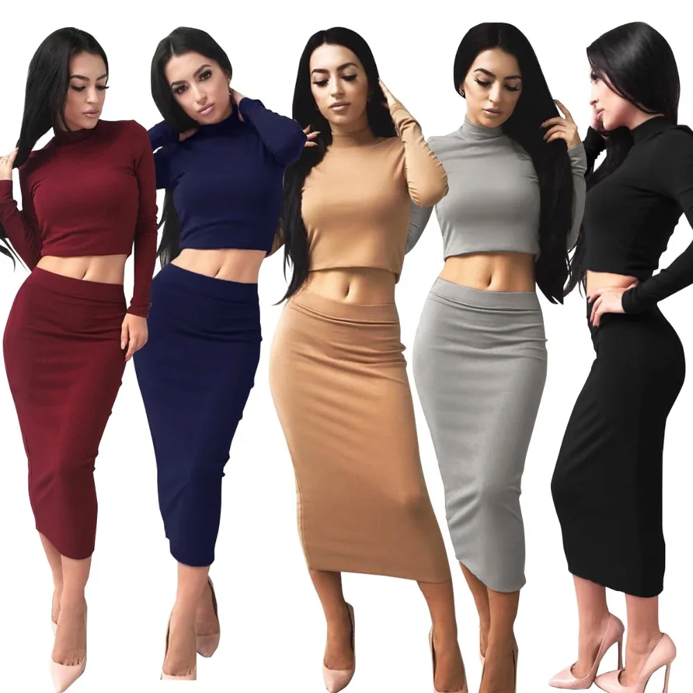 

Autumn Winter Slim Fitness Women 2PCS Sets Long Sleeve Crop Top+Calf Length Pencil Skirt Office Lady Suits Two Pieces Set New