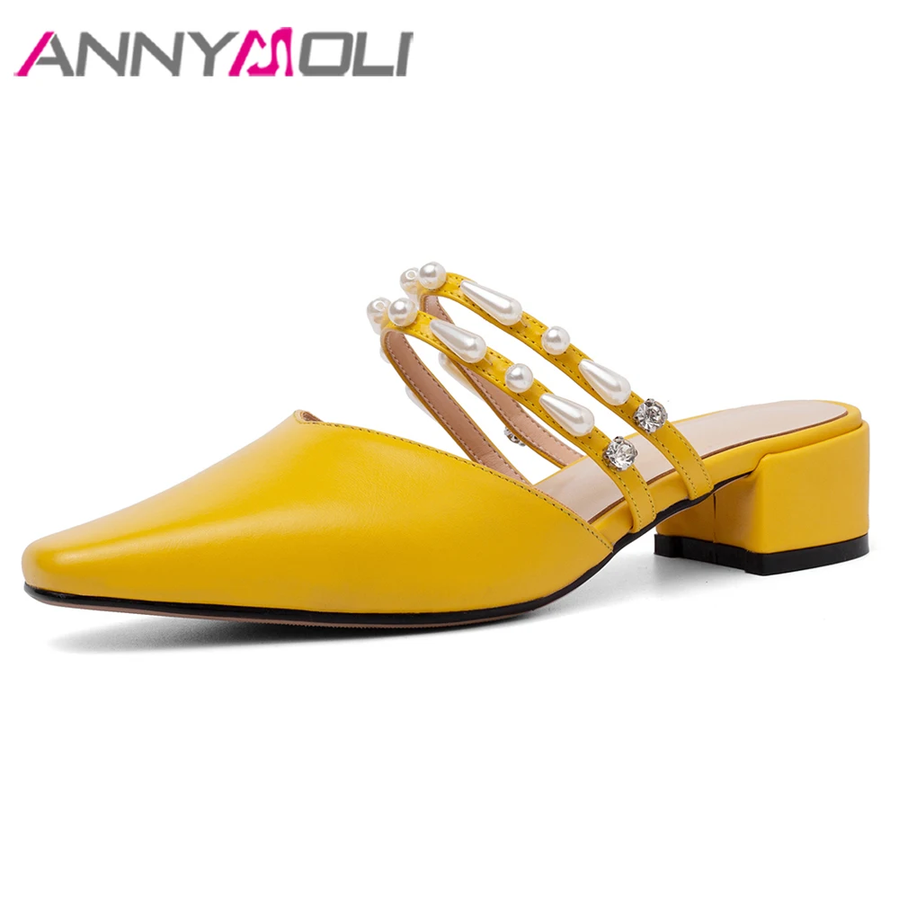 

ANNYMOLI Summer Mules Women Slipper Cow Leather Shoes Square Heel Sandals Pearl Pointed Toe Ladies Casual Shoes Spring Yellow 43