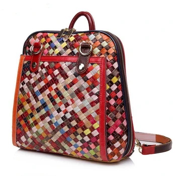 

Fashion Genuine Leather Bag Women Weaving Style Bags Girls School Bags Zipper Shoulder Women's Back Pack Girls Bag mochila