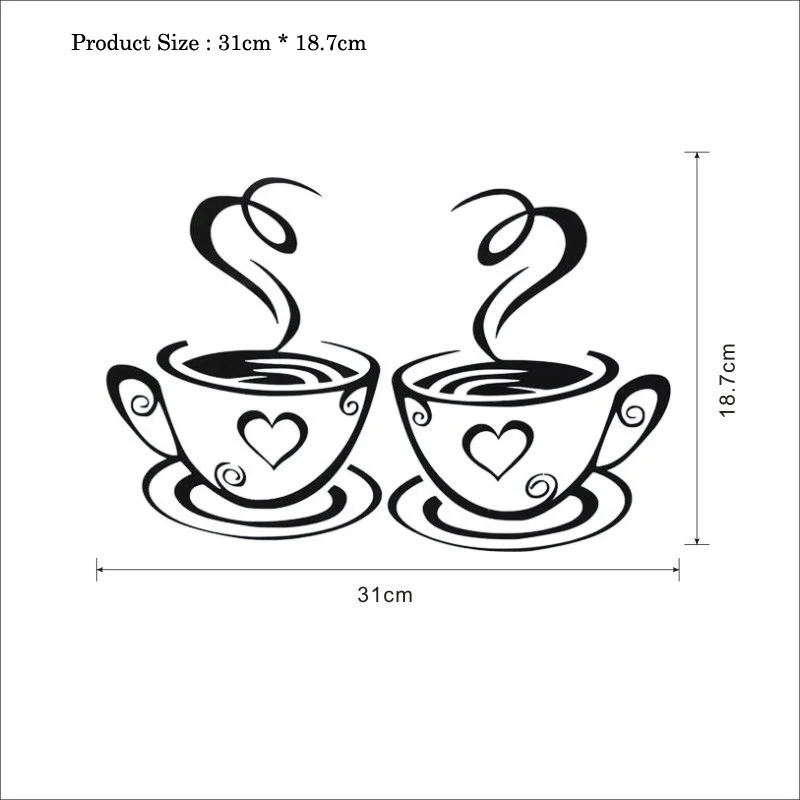 Two Coffee Cups Kitchen Bar Wall Sticker For Living Room Restaurant Background Art Decals Stickers Wallpaper Home Decoration wall stickers